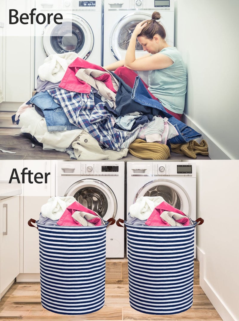 Essme Kids Laundry Hamper,Boys laundry basket,Collapsible Bule storage basket with Waterproof PE Coating,Canvas Fabric Nursery Hamper for Kids Room Decor,Gift,Baby Clothing.(Navy Blue stripes) - Image 4